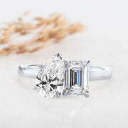 Noah James Jewellers Manchester Engagement Ring Platinum Venus Pear Shape and Emerald cut Toi et Moi Shoulder Engagement Ring Yellow Gold Lab Grown Diamond Moissanite
