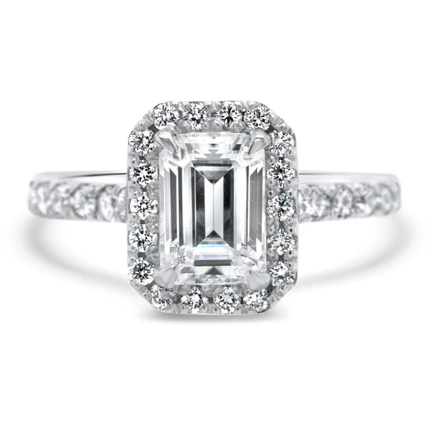 Adele Emerald Cut Halo Engagement Ring Platinum | Noah James Jewellery.
