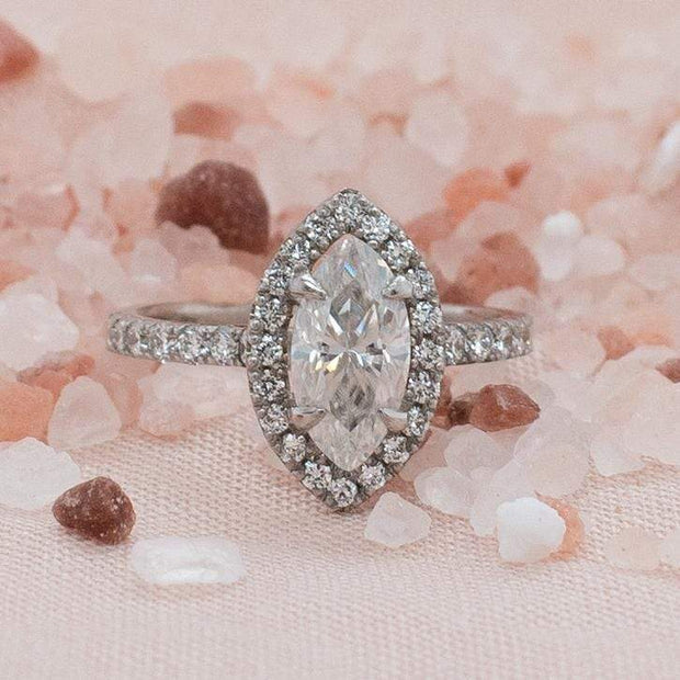 Adele Marquise Cut Moissanite and Lab Grown Diamond Halo Engagement Ring | Noah James Jewellery.