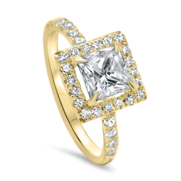 Adele Princess Cut Halo Engagement Ring Yellow Gold | Noah James Jewellery.