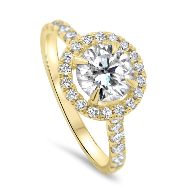 Adele Round Brilliant Cut Moissanite and Lab Grown Diamond Halo Engagement Ring | Noah James Jewellery.