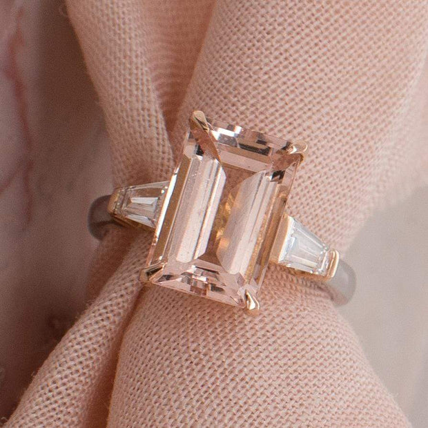 BESPOKE EMERALD CUT MORGANITE AND TAPERED BAGUETTE DRESS RING | Noah James Jewellery.