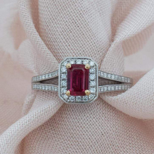 Emerald Cut Ruby Split Shank Halo Ring | Noah James Jewellery.