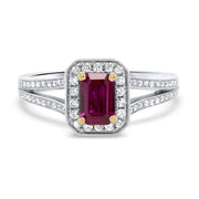 Emerald Cut Ruby Split Shank Halo Ring | Noah James Jewellery.