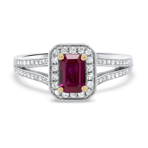 Emerald Cut Ruby Split Shank Halo Ring | Noah James Jewellery.