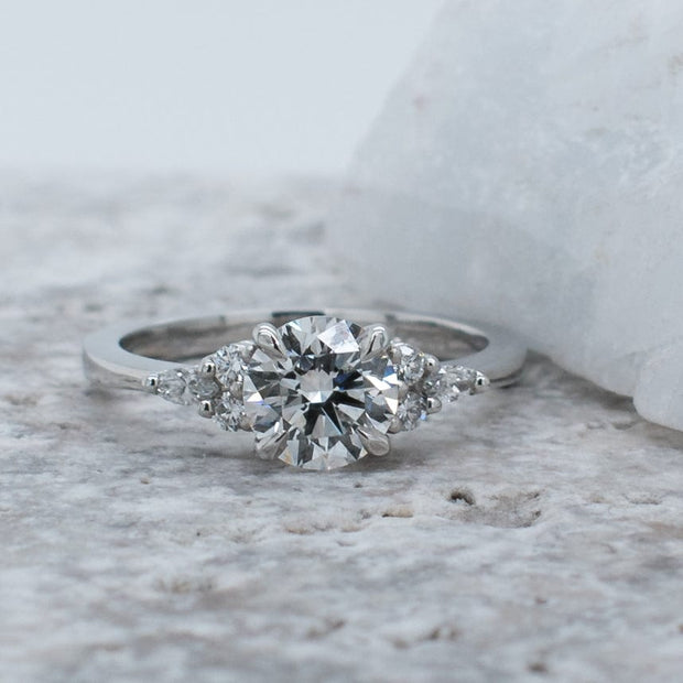 Noah James Jewellers Manchester In Stock Engagement Ring Freya Round lab grown diamond engagement ring with fancy trefoil shoulders 1.00ct Lab Grown Diamond Moissanite