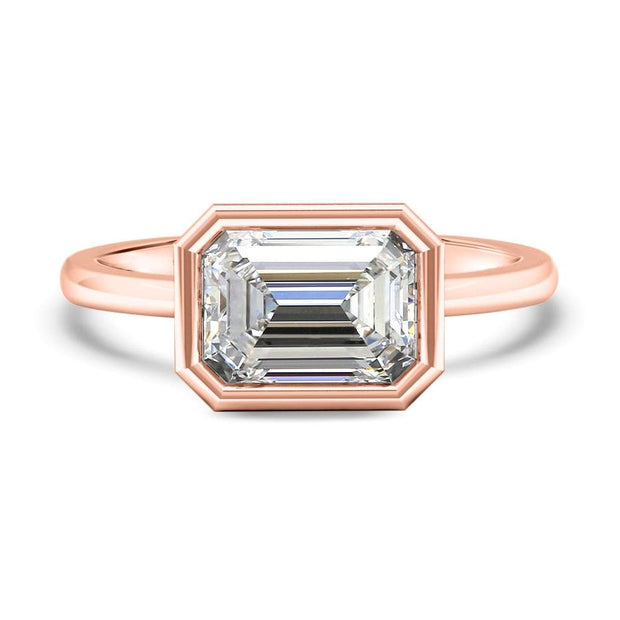 Rosa Emerald Cut East West Rubover Solitaire Engagement Ring Yellow Gold | Noah James Jewellery.