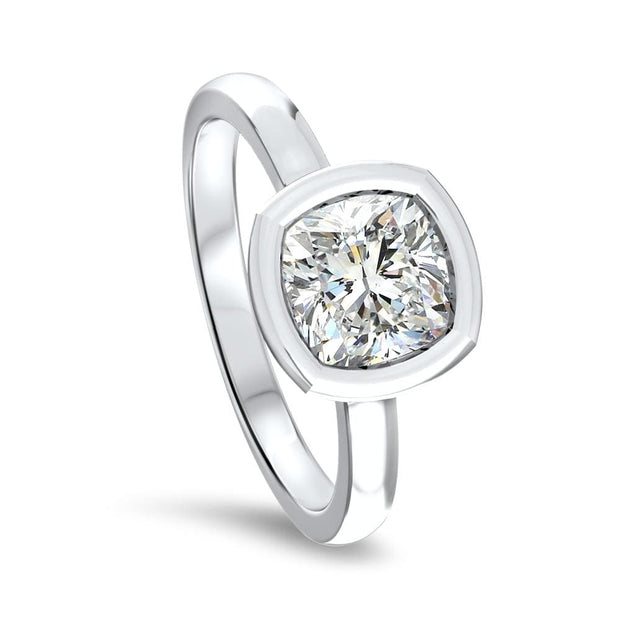 Alyssa Cushion Cut Rubover Solitaire Engagement Ring Platinum | Noah James Jewellery.