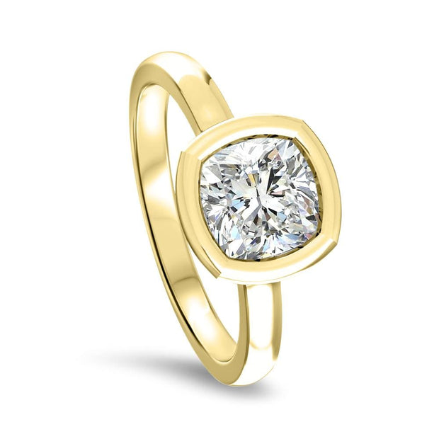 Alyssa Cushion Cut Rubover Solitaire Engagement Ring Yellow Gold | Noah James Jewellery.