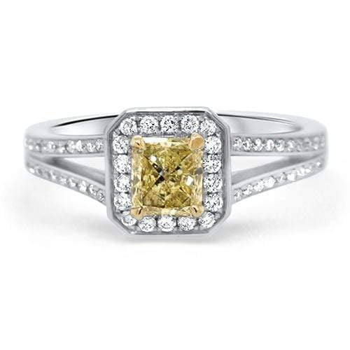 Radiant Cut Yellow Diamond Split Shank Halo Ring | Noah James Jewellery.