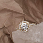 Adele Round Brilliant Cut Moissanite and Lab Grown Diamond Halo Engagement Ring | Noah James Jewellery.