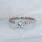 Elena Cushion Cut Moissanite and Lab Grown Diamond Shoulder Engagement Ring | Noah James Jewellery.