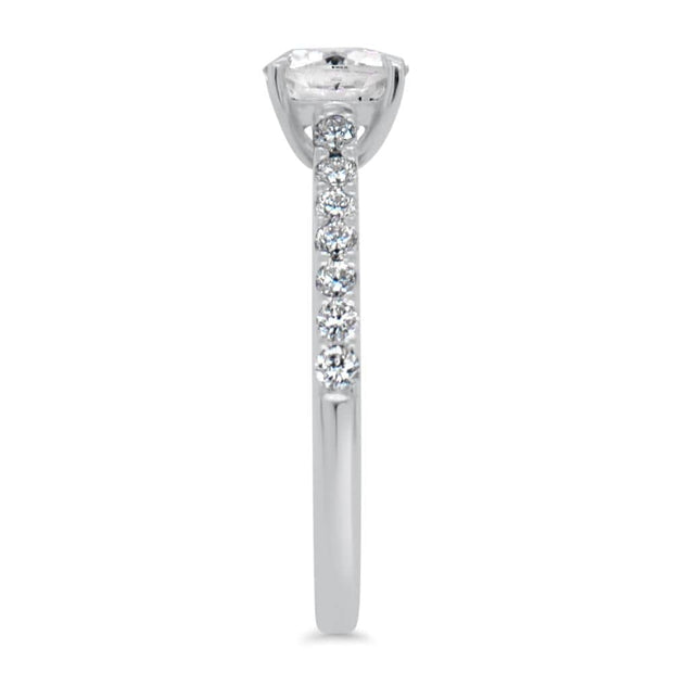 Elena Cushion Cut Moissanite and Lab Grown Diamond Shoulder Engagement Ring | Noah James Jewellery.