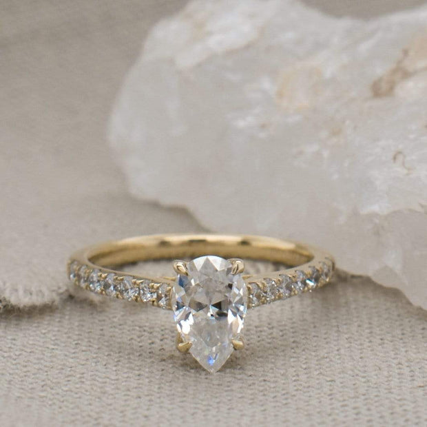 Elena Pear Shape Moissanite and Lab Grown Diamond Shoulder Engagement Ring | Noah James Jewellery.