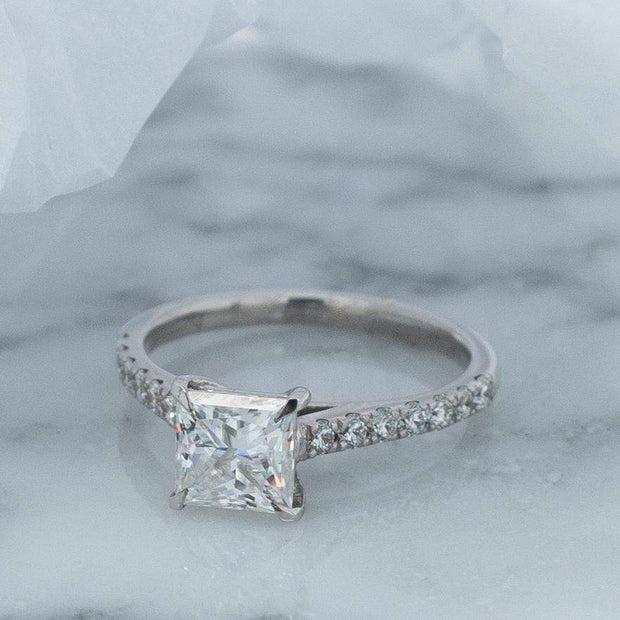 Elena Princess Cut Moissanite and Lab Grown Diamond Shoulder Engagement Ring | Noah James Jewellery.