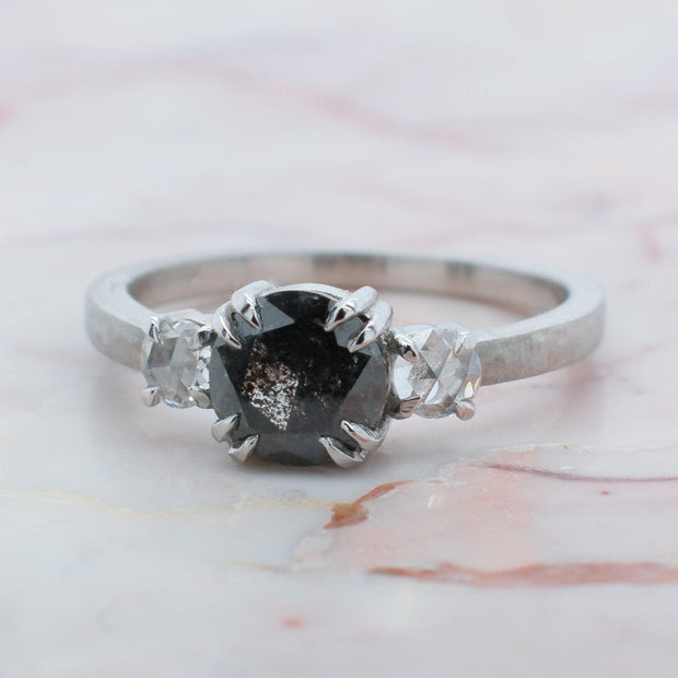 BESPOKE SALT AND PEPPER DIAMOND 3 STONE ENGAGEMENT RING | Noah James Jewellery.