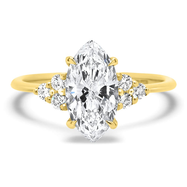 Margot Marquise and Round Brilliant Cut Trefoil Shoulder Engagement Ring Yellow Gold | Noah James Jewellery.