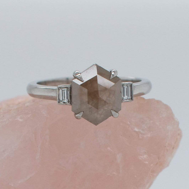 Rose Rustic Hexagon Diamond platinum engagement ring with baguettes | Noah James Jewellery.