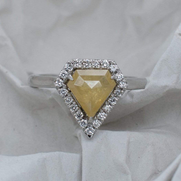 Yellow Rustic Shield Cut Diamond Halo Engagement Ring | Noah James Jewellery.
