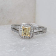 Radiant Cut Yellow Diamond Split Shank Halo Ring | Noah James Jewellery.