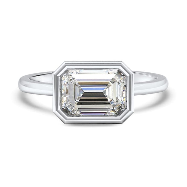 Rosa Emerald Cut East West Rubover Solitaire Engagement Ring Platinum | Noah James Jewellery.